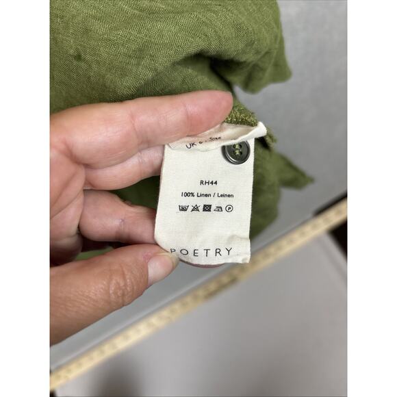 Poetry Dress Size 2 100% Linen Green 3/4 Sleeve Button Side Slit Pockets Preppy - Picture 8 of 11